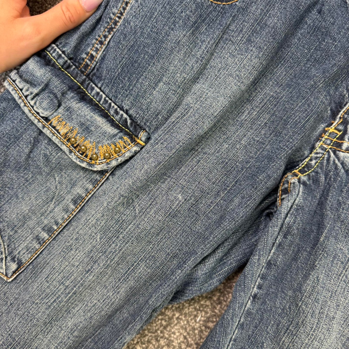 Y2K vintage low rise capri jeans baggy beaded embellished waistband cargo jorts