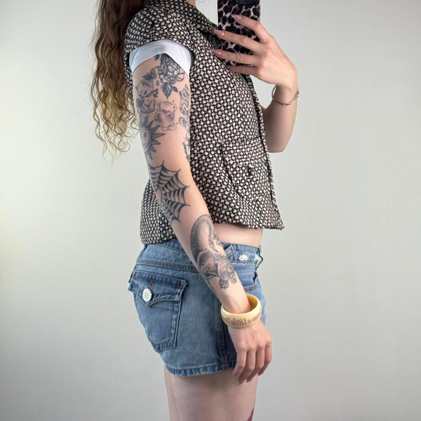 Y2K vintage sparkly part wool button up short sleeve jacket archive brown white