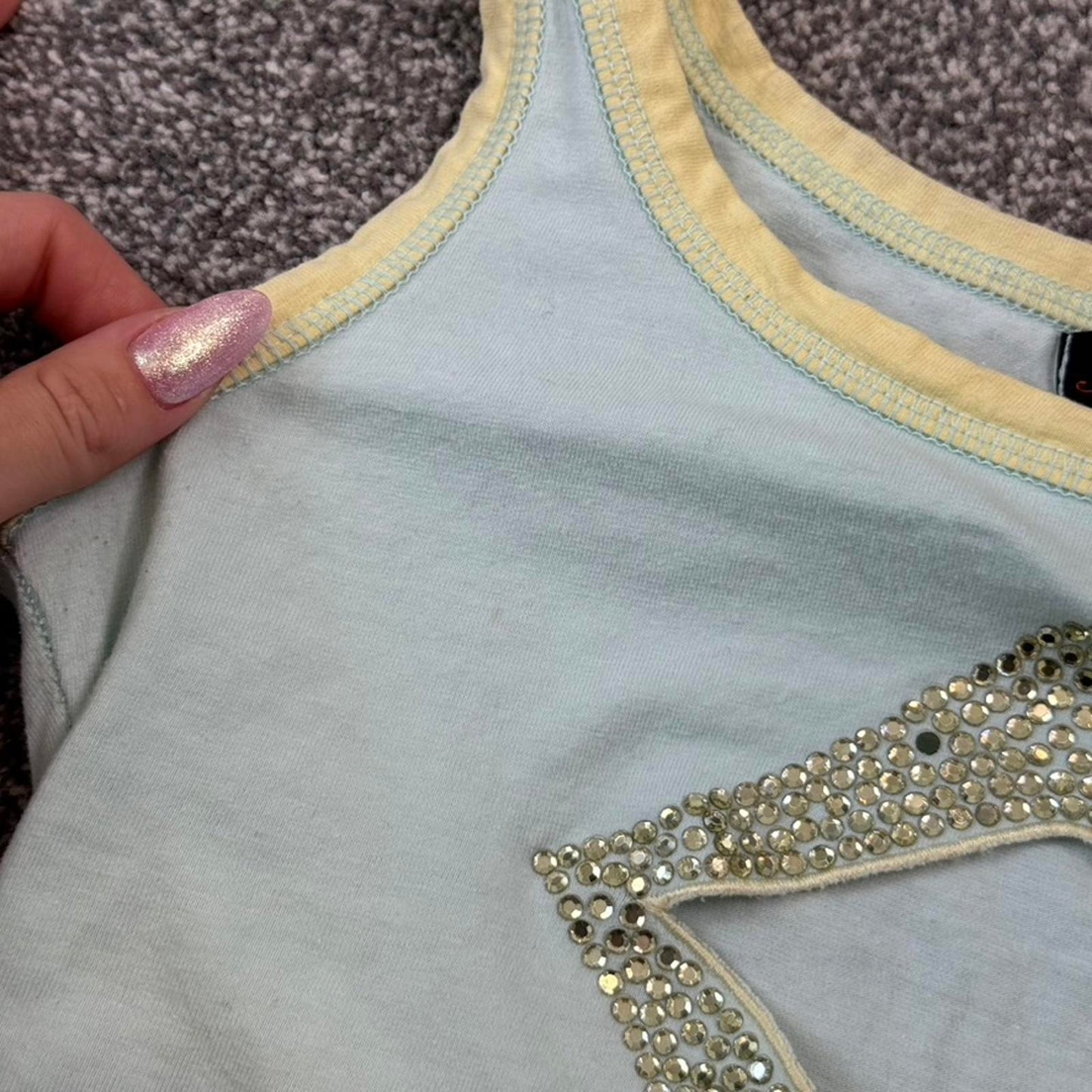 Y2K vintage cut out lips tank top rhinestone baby blue yellow ringer slight crop