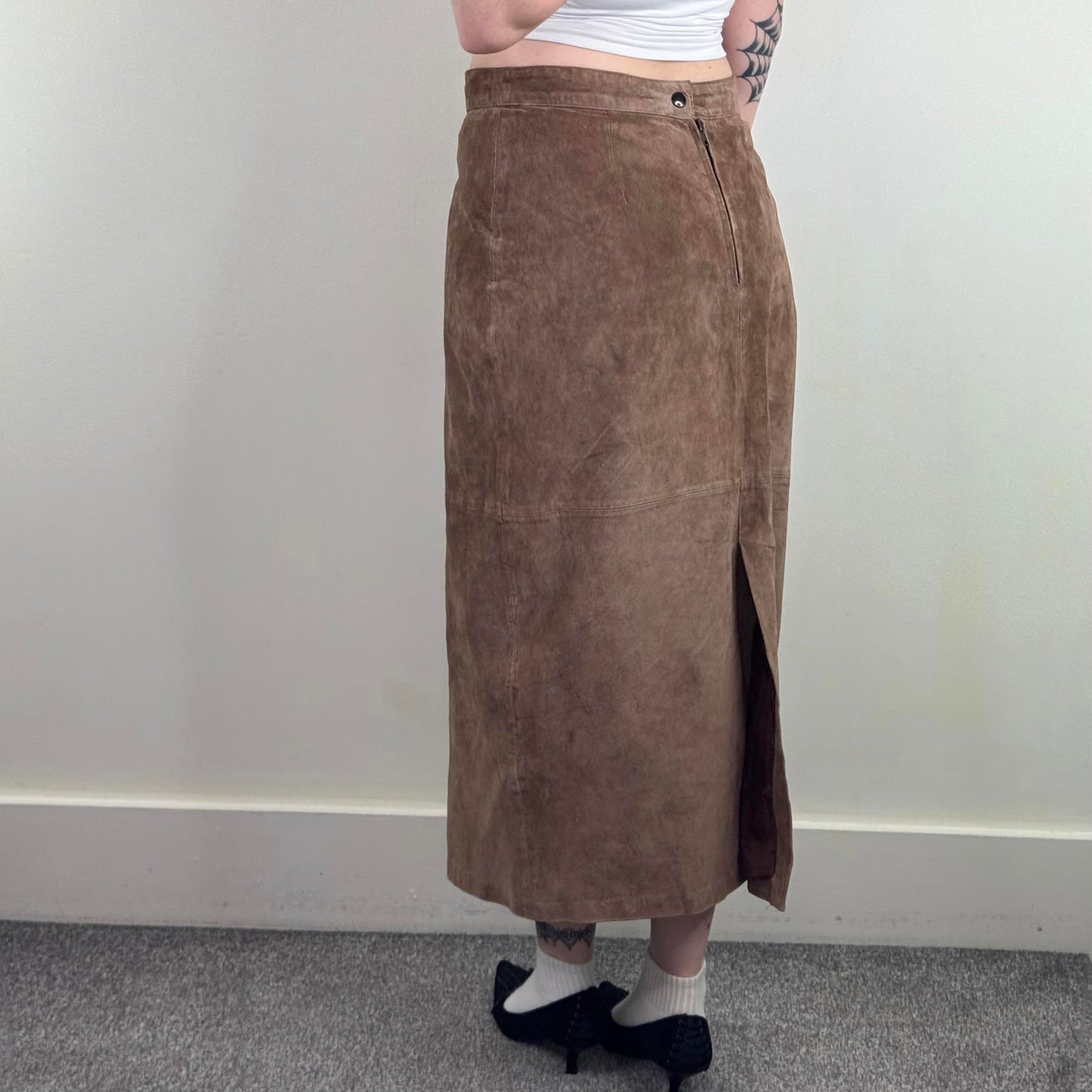 Y2K vintage genuine leather suede maxi skirt a line long full length brown