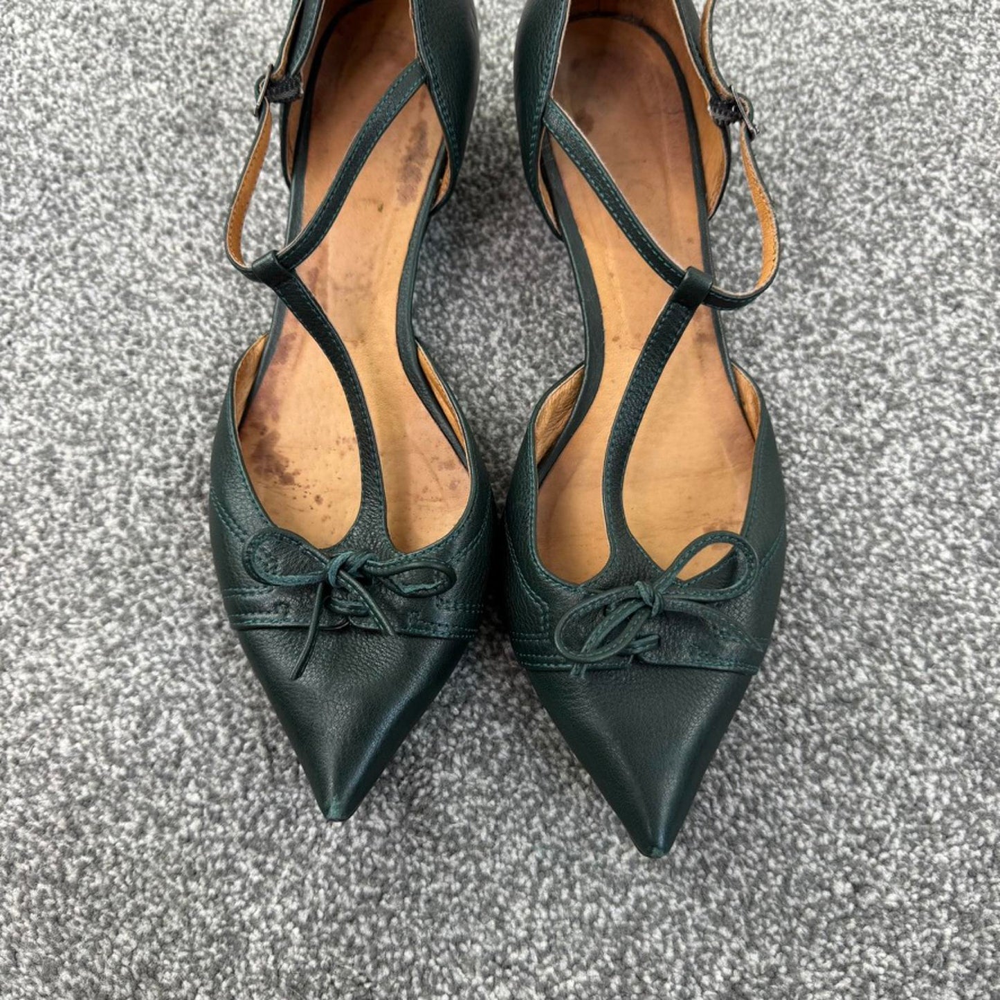 Y2K vintage genuine leather kitten heels pointed toe bow strappy dark green