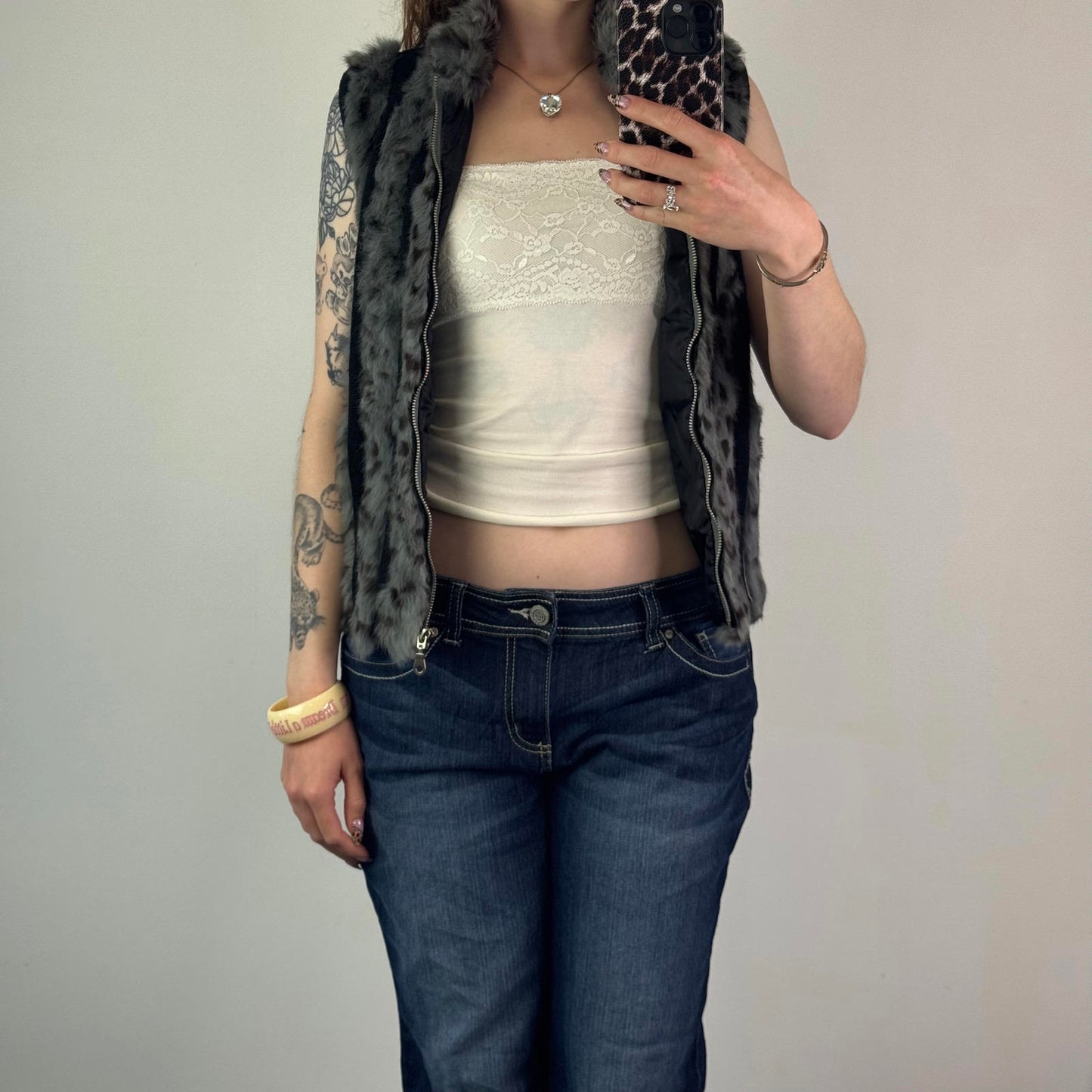 Y2K vintage genuine fur stripe knit sleeveless jacket zip up gilet polka dot