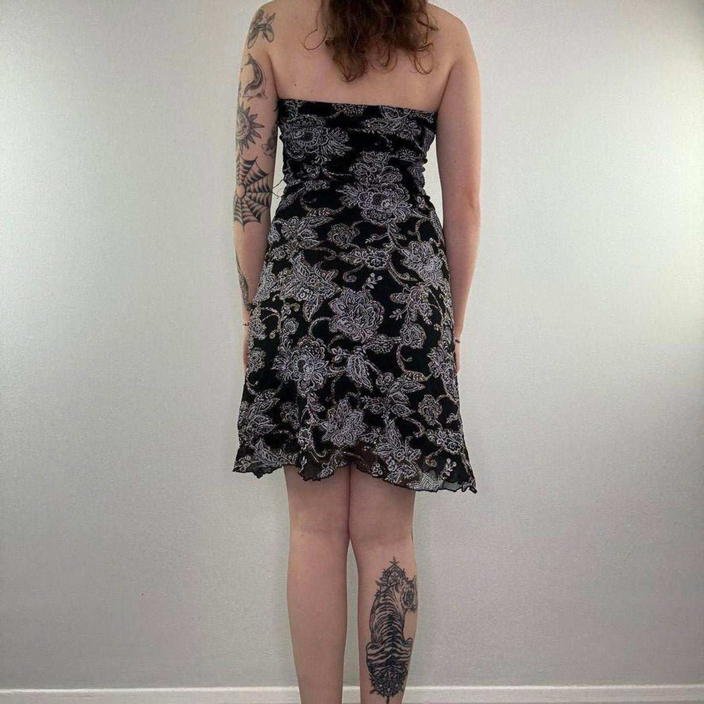 Y2K vintage Jane Norman sparkly strapless floral mesh midi dress