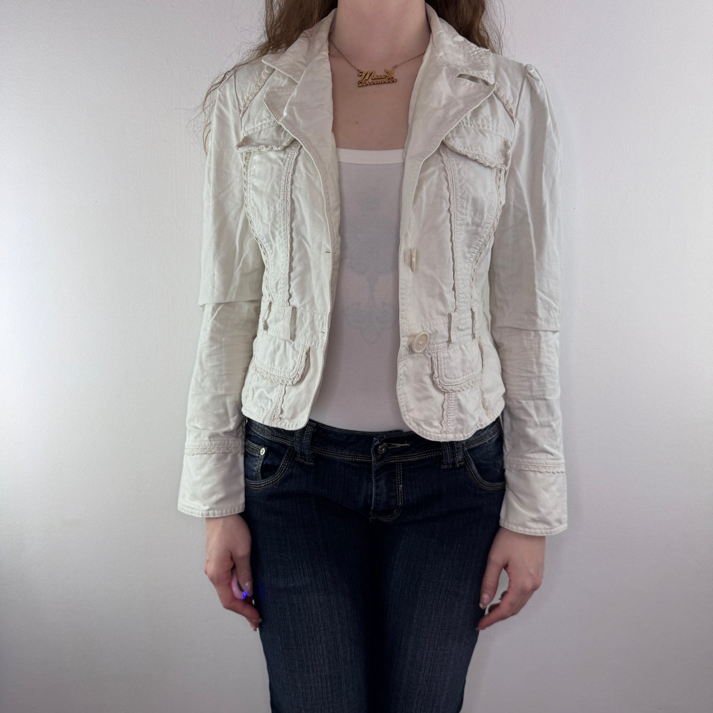 Y2K vintage fitted denim blazer frill knit trims button up jacket