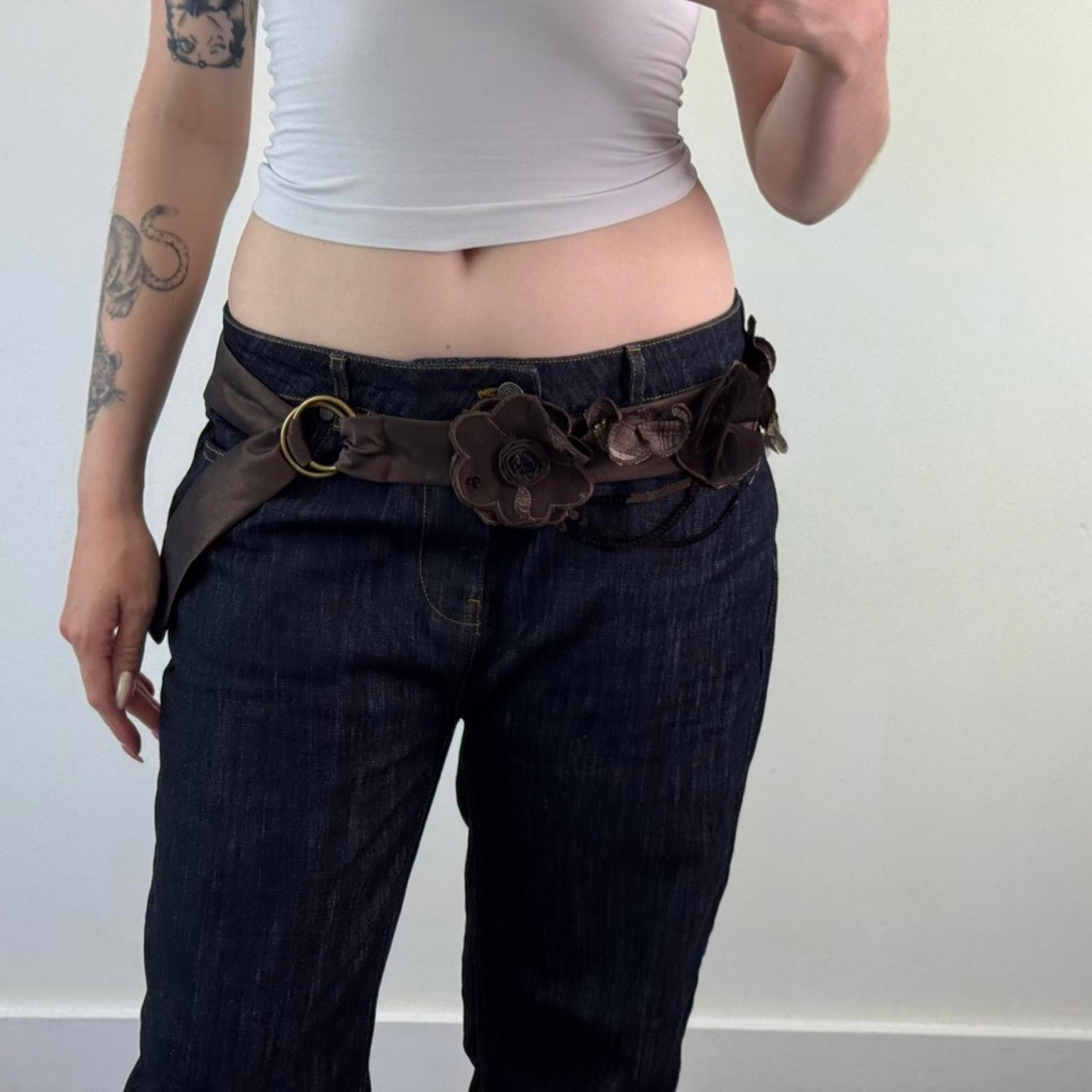 Y2K vintage adjustable floral 3D satin sequin belt embellished o d ring tartan