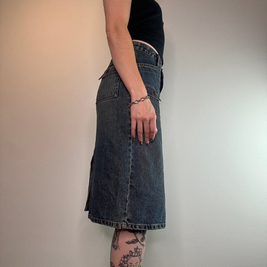 Y2K faded denim cargo midi skirt