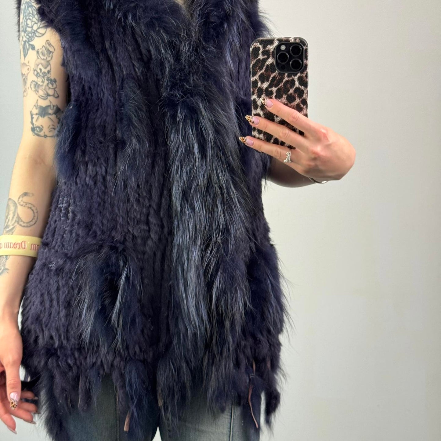 Genuine rabbit/ racoon fur sleeveless jacket gilet dark blue navy side pockets