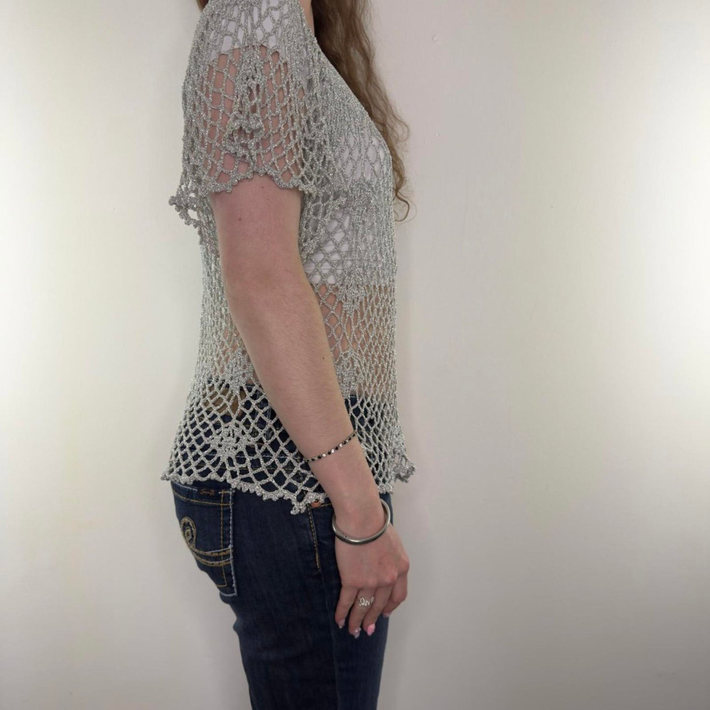 Y2K vintage crochet sparkly square neck top
