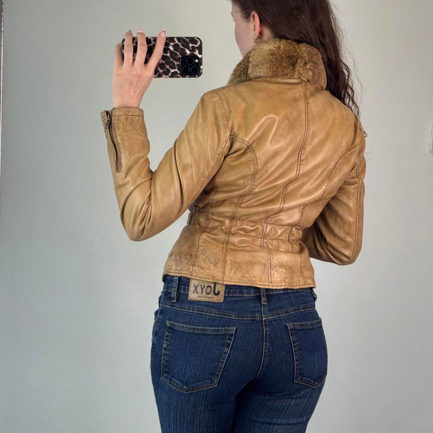 Y2K vintage genuine leather real fur trim collar zip up fitted jacket