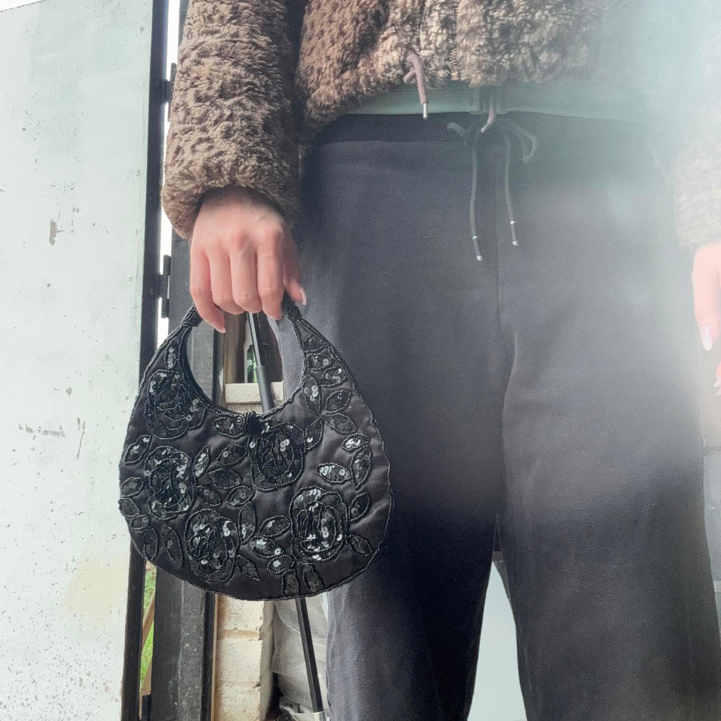 Y2K vintage mini micro satin beaded handbag sequin embellished circle evening