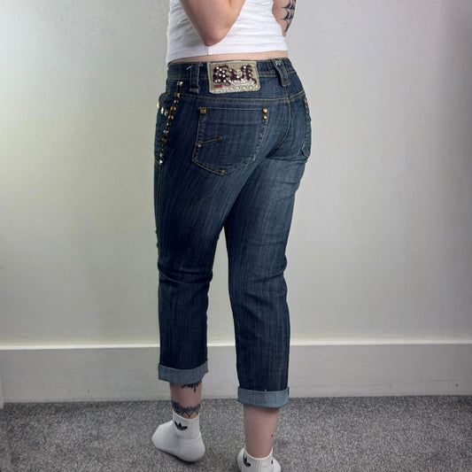 Y2K vintage low rise studded capri denim jeans cropped dark faded stretchy