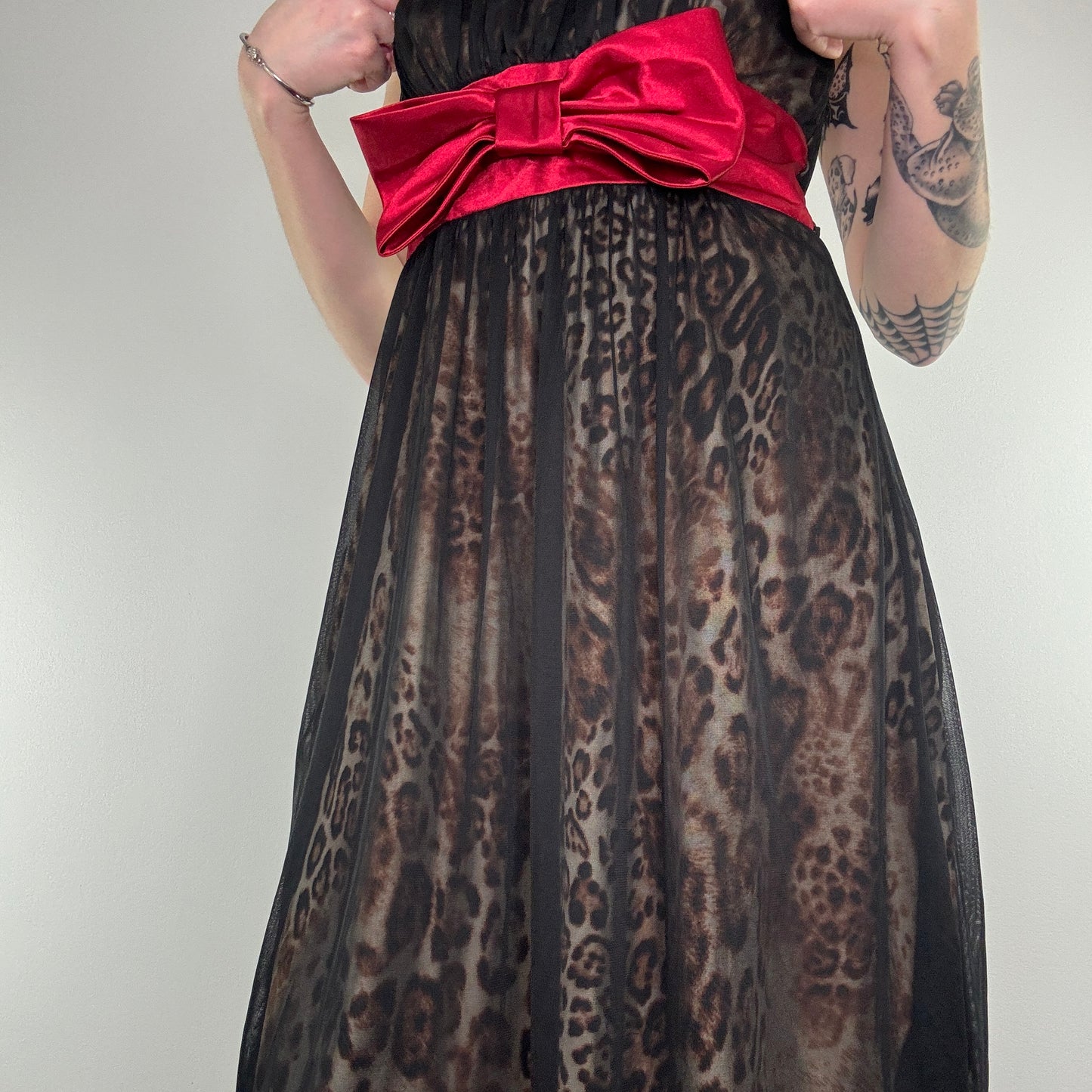 Y2K leopard print red bow midi dress