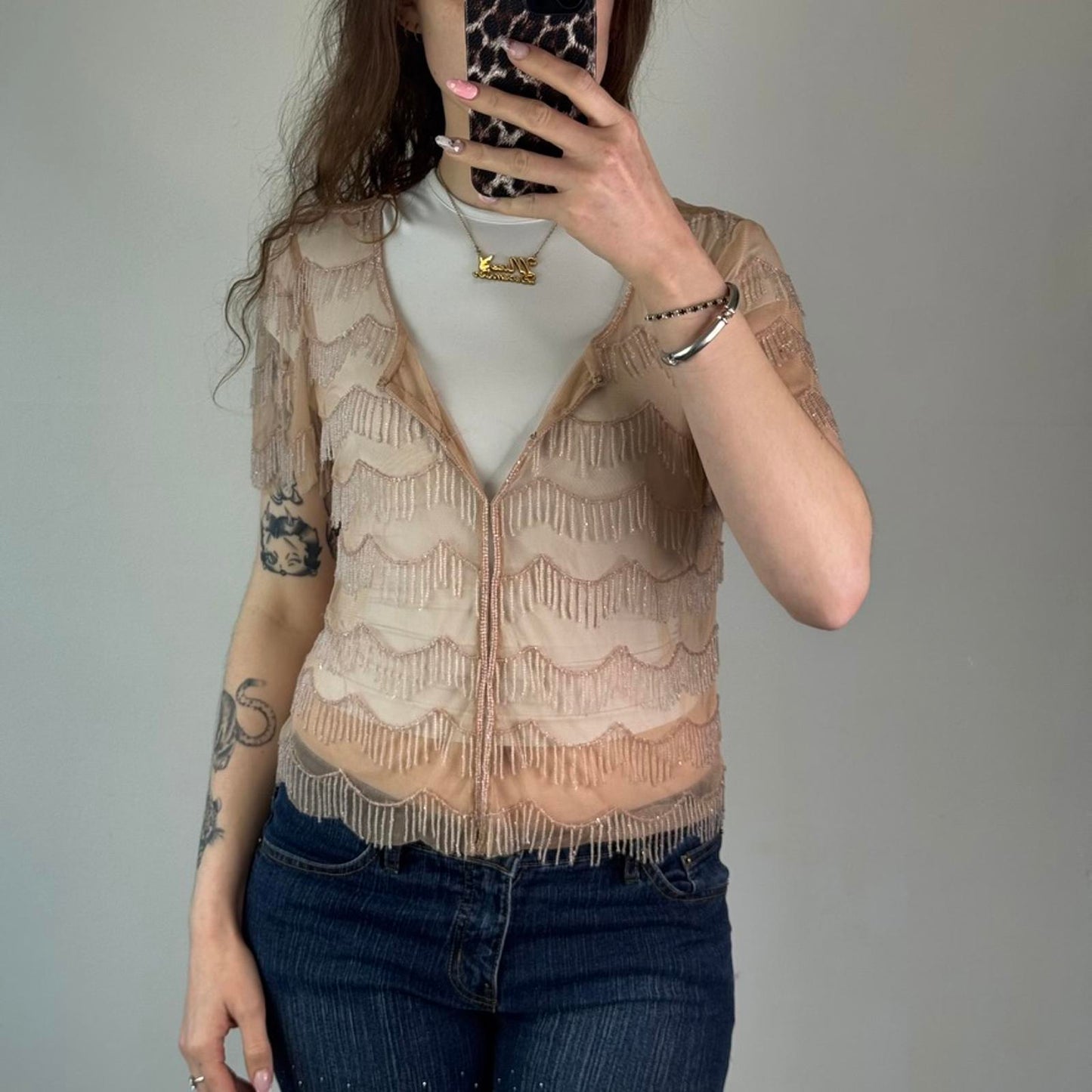 Y2K vintage peach mesh beaded tassel hook and eye short sleeve cardigan