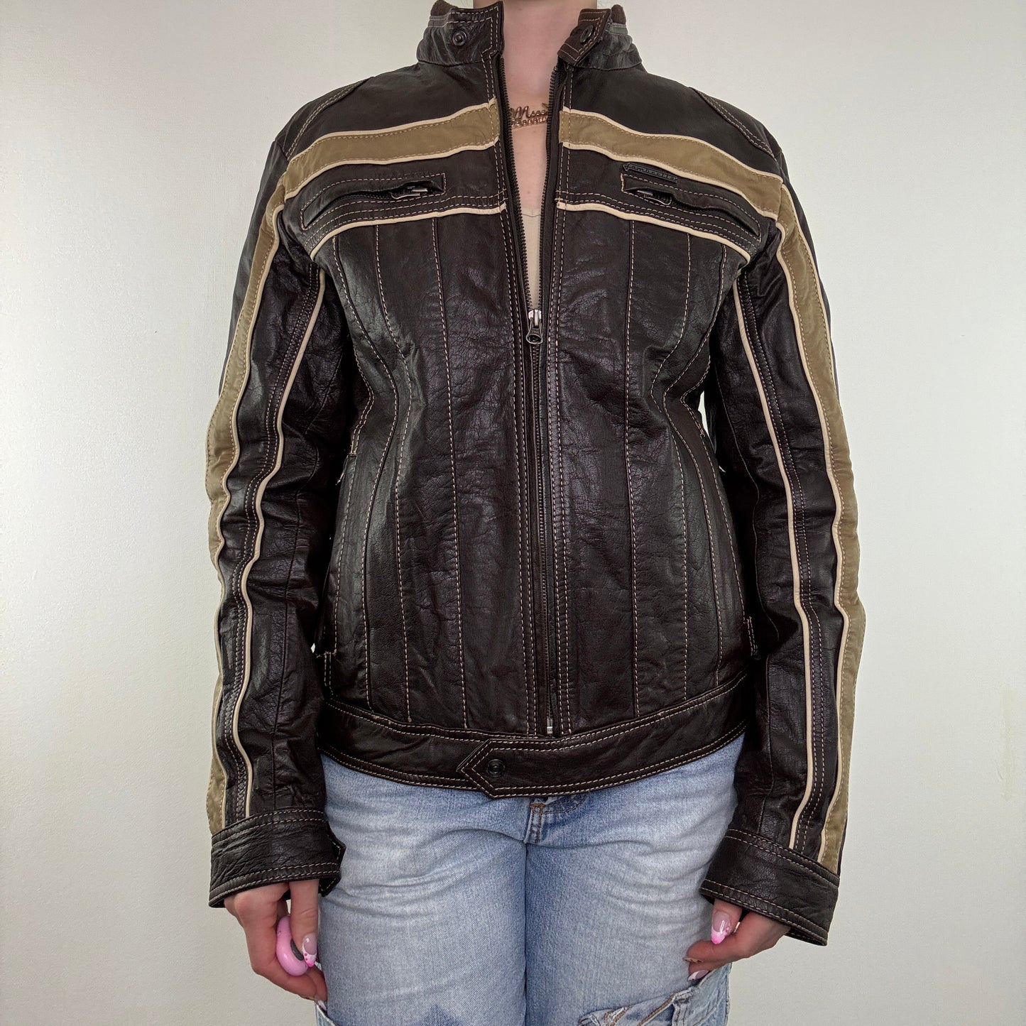 Y2K vintage leather two tone zip up jacket racing biker motorcycle style