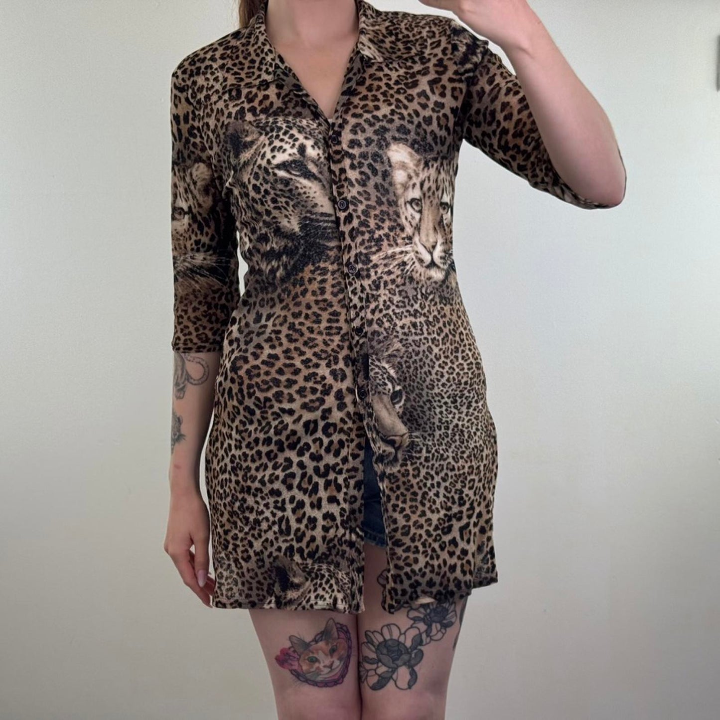 Y2K vintage mesh leopard print button up half sleeve cardigan long length v neck