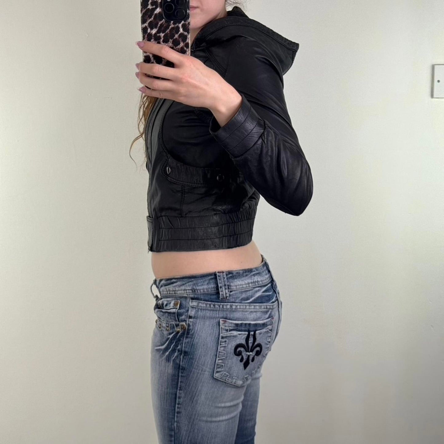 Y2K vintage genuine leather zip up jacket crop short length elastic waist hood