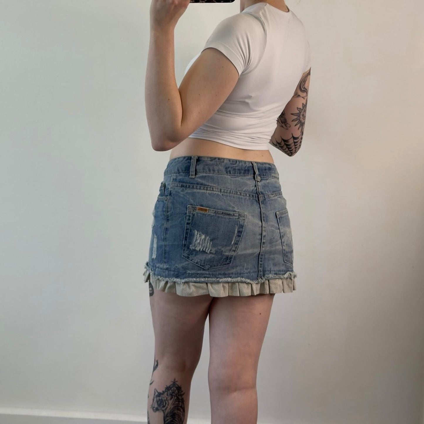 Y2K vintage polka dot hem distressed denim mini skirt coquette summer mid rise
