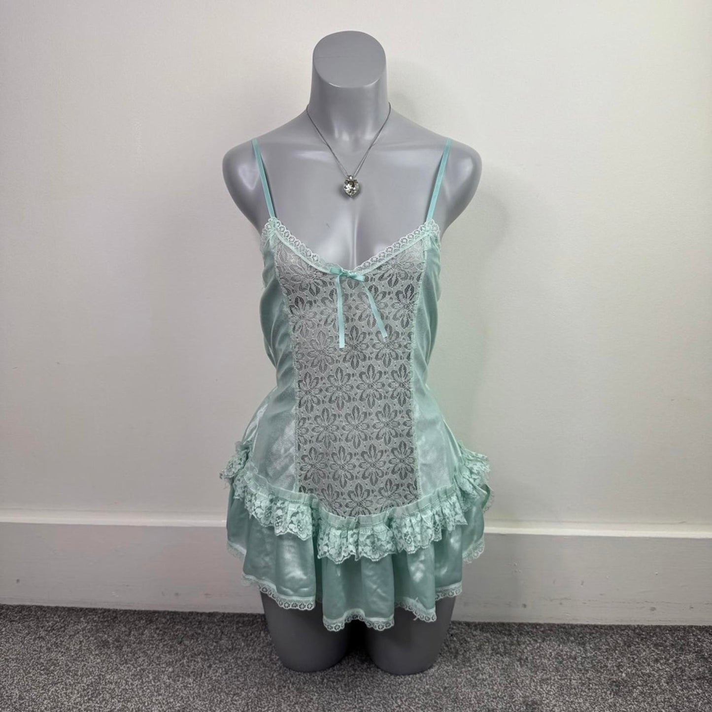 Y2K vintage lingerie nylon lace sheer frilly babydoll style top bow cami sheer
