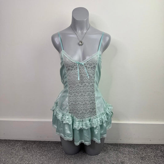 Y2K vintage lingerie nylon lace sheer frilly babydoll style top bow cami sheer