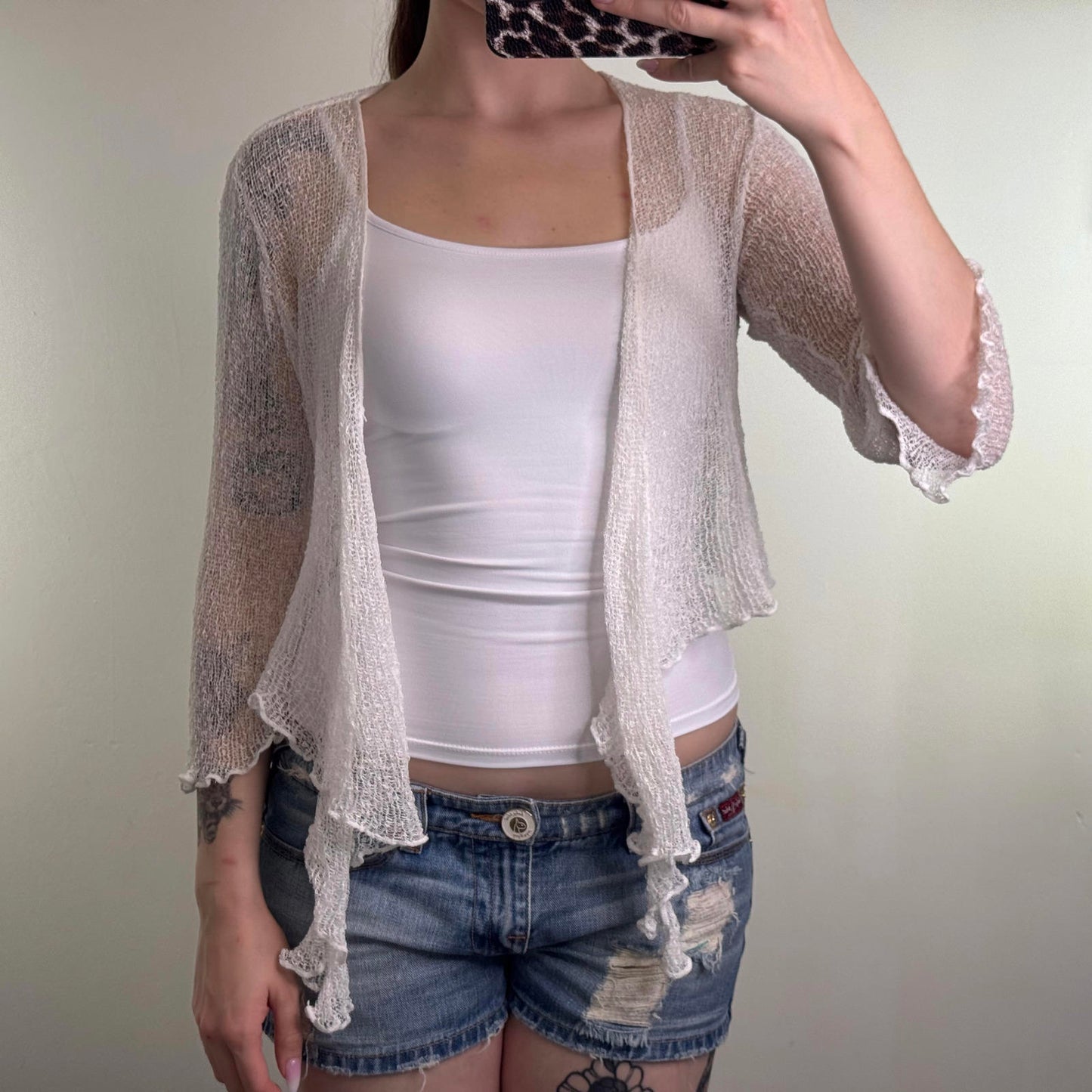 Y2K vintage fine knit shrug cardigan tie front bow 3/4 sleeve sheer cover up