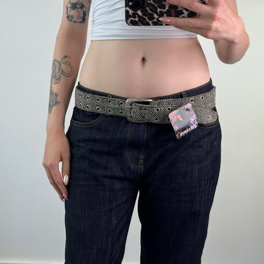 Y2K vintage tweed grey black white pattern belt grommet silver square buckle