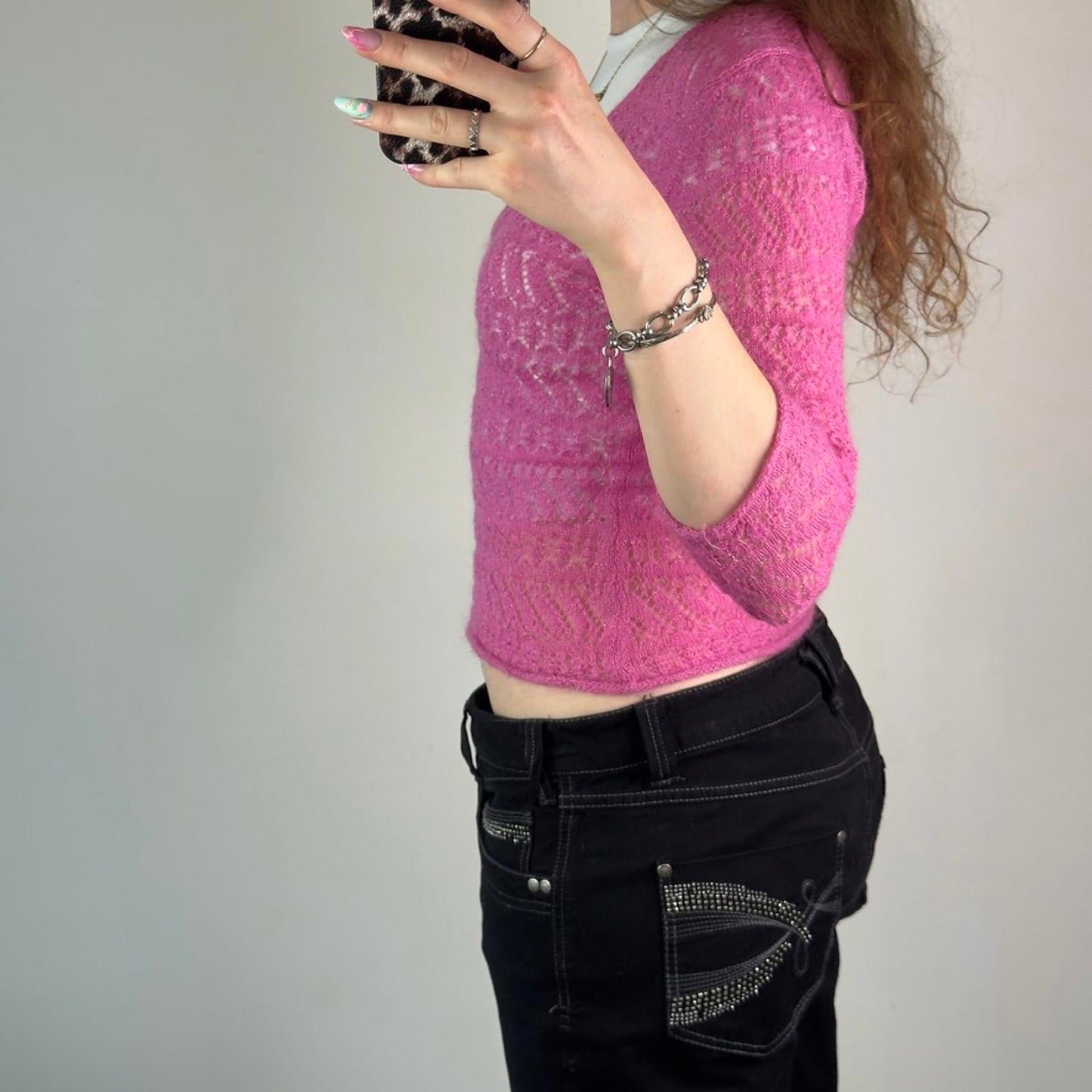 Y2K vintage wool v neck 3/4 sleeve lightweight jumper slight cropped sparkly