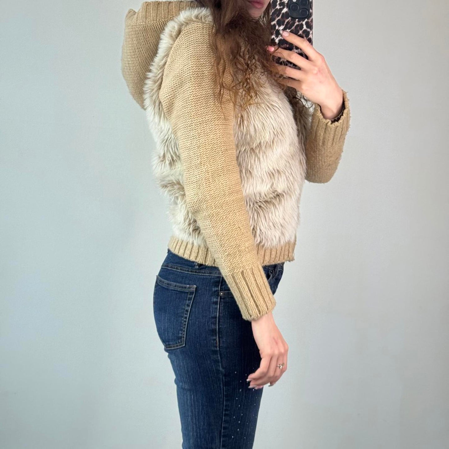 Y2K vintage faux fur zip up chunky knit hoodie mcbling