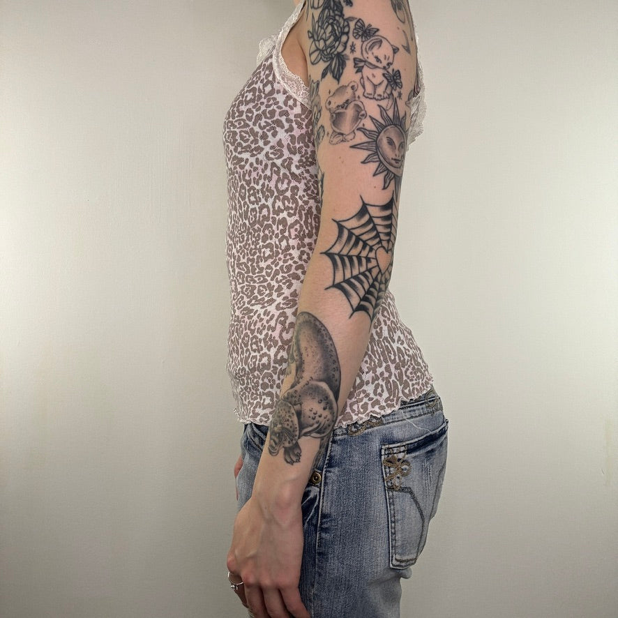 Y2K vintage leopard print lace trim cami top light pink/brown lettuce hem bow