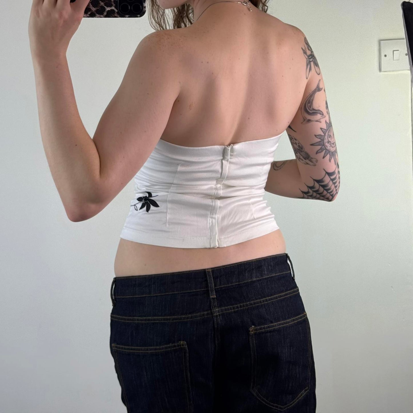 Y2K vintage Jane Norman strapless stretchy fitted top white black floral sequins