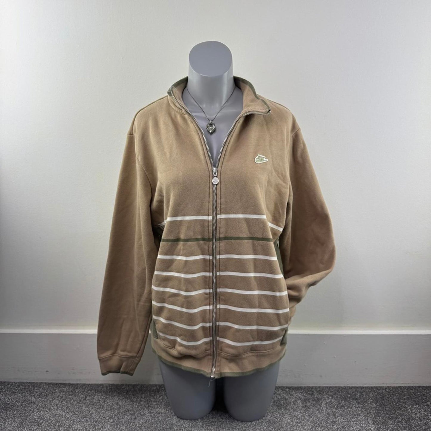 Y2K vintage Nike zip up jumper stripe high neck beige khaki stripy silver