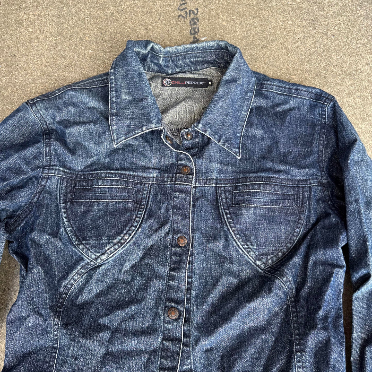 Y2K vintage Chilli Pepper glitter popper button up denim jacket fitted short