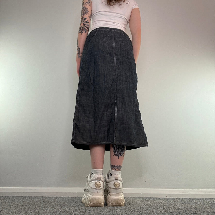 Y2K dark denim contrast stitch bow maxi skirt