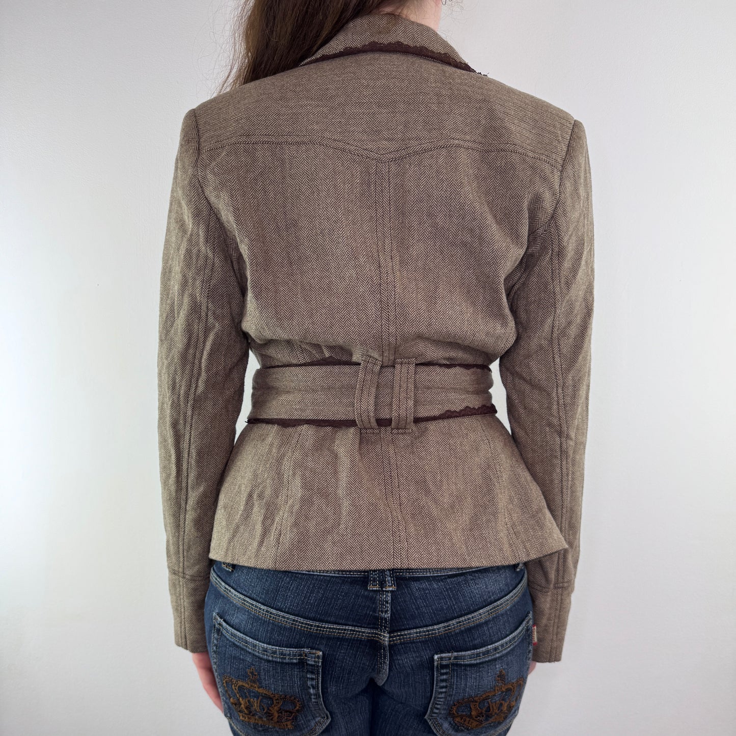 Y2K vintage herringbone lace trim tweed jacket with belt
