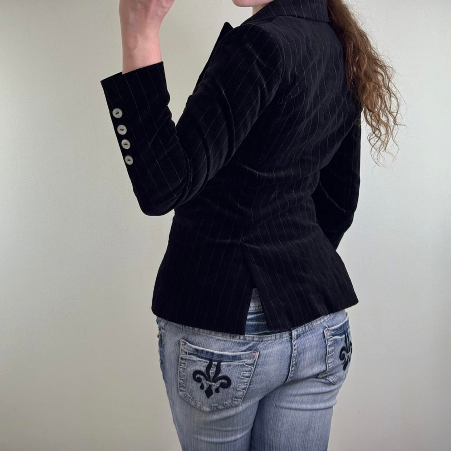 Y2K vintage velour pinstripe blazer jacket shell button up shoulder pad tailored
