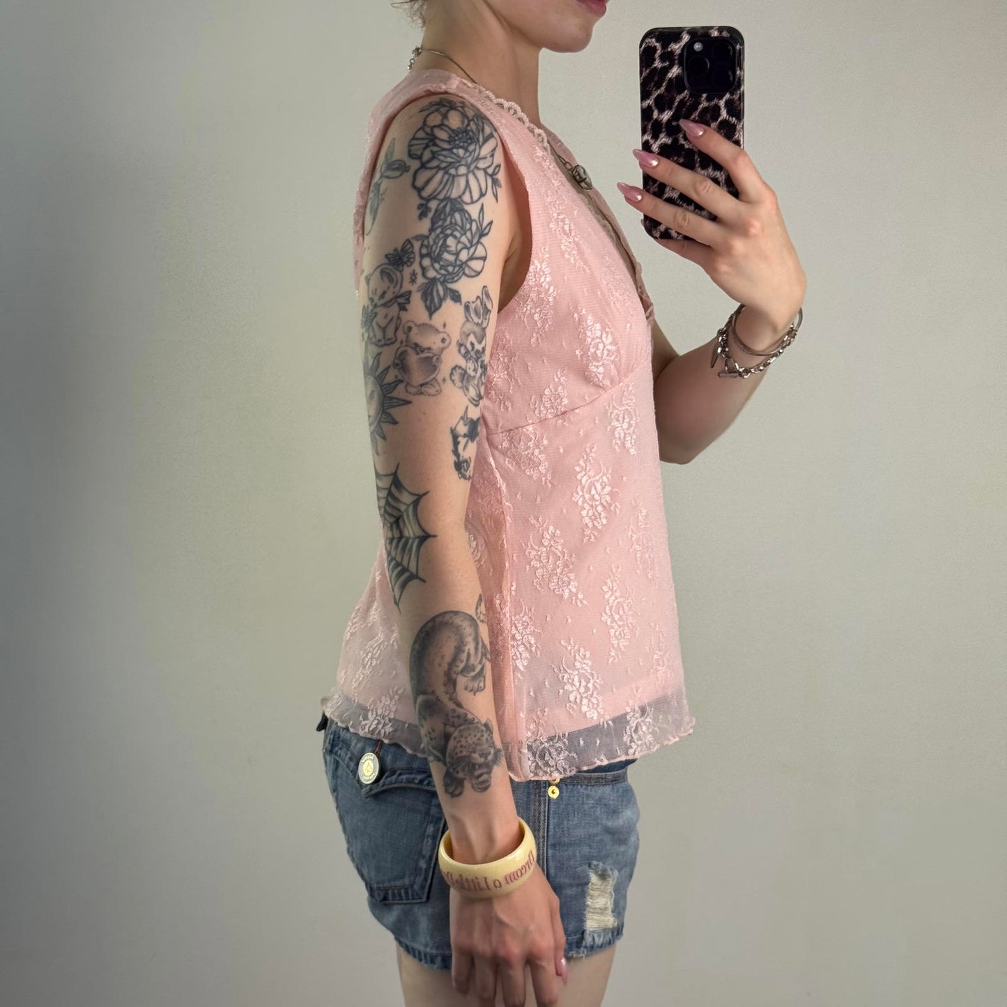 Y2K vintage lace mesh overlay tank top v neck frill trim baby pink stretchy