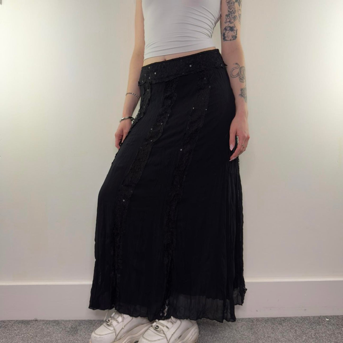 Y2K vintage lace stripe sequin trim maxi skirt double layer lightweight boho