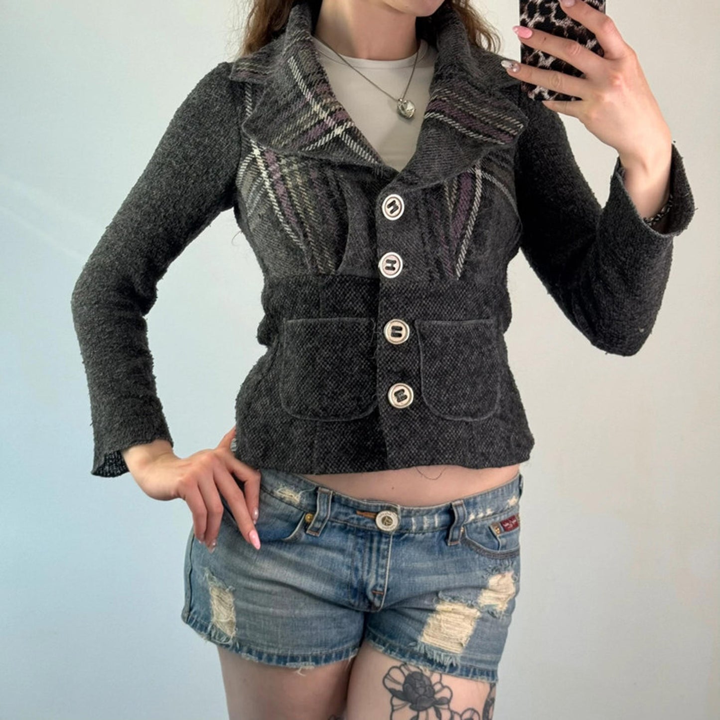 Y2K vintage archive tartan plaid button up wool blazer jacket fitted tailored