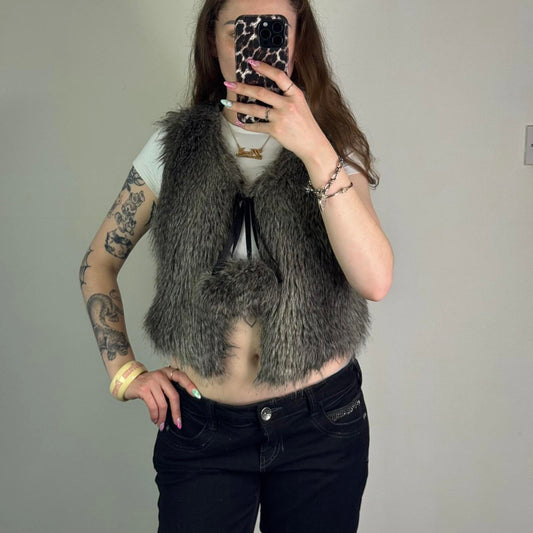 Y2K vintage grey faux fur sleeveless gilet jacket pom poms bow cropped v neck