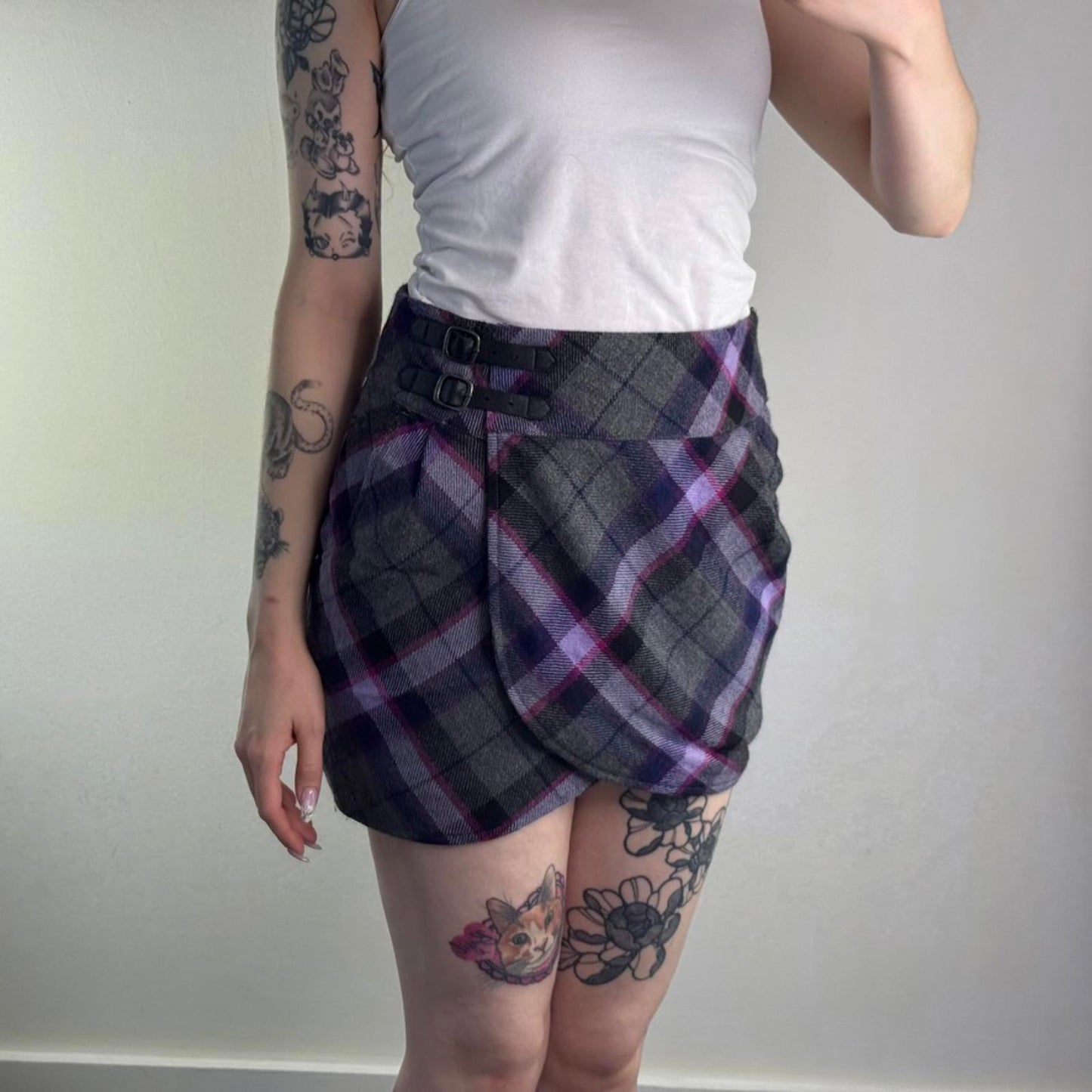 Y2K vintage Ted Baker wool mini skirt tartan buckle side pockets purple grey