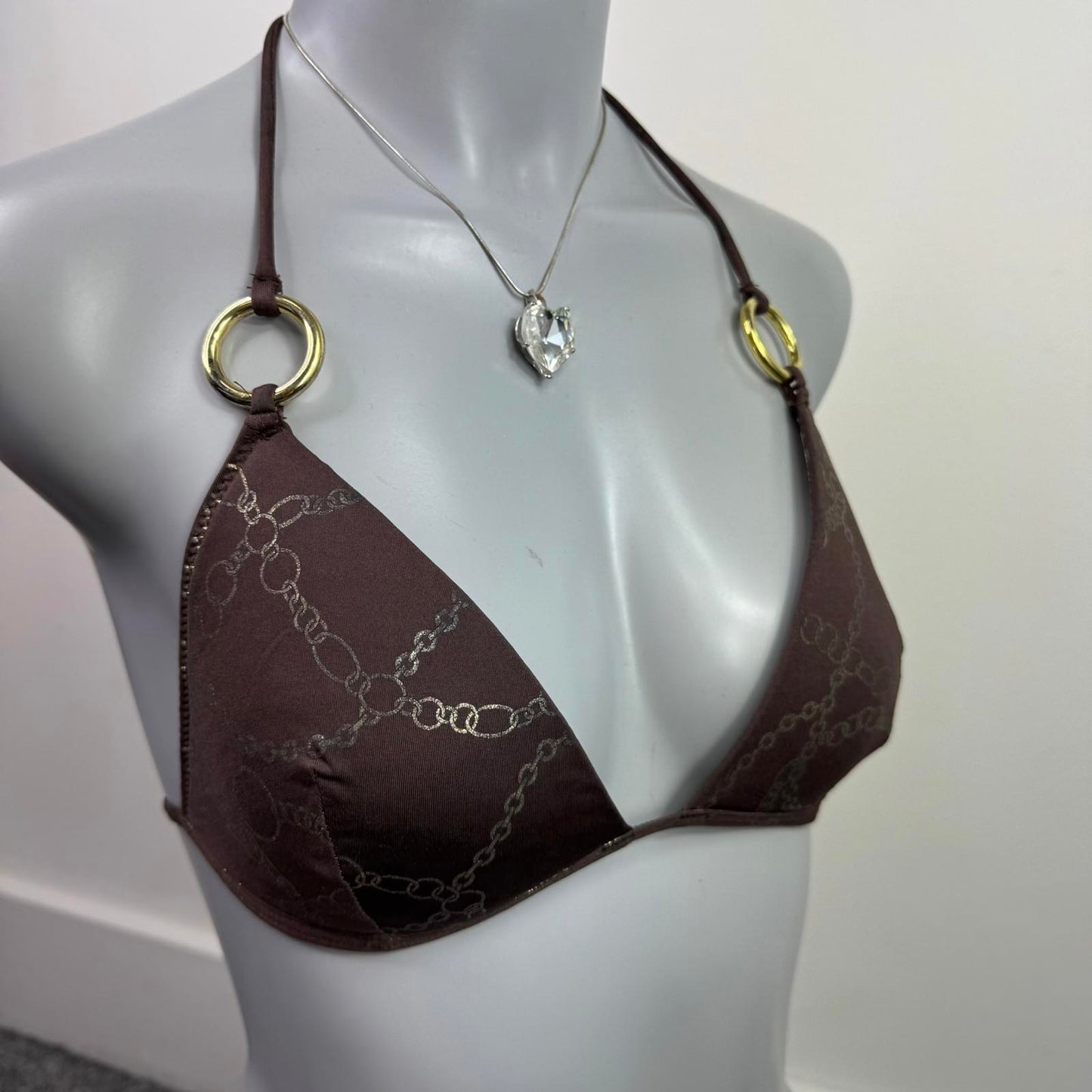 Y2K vintage halter neck bikini top o ring chain buckle pattern lightly padded