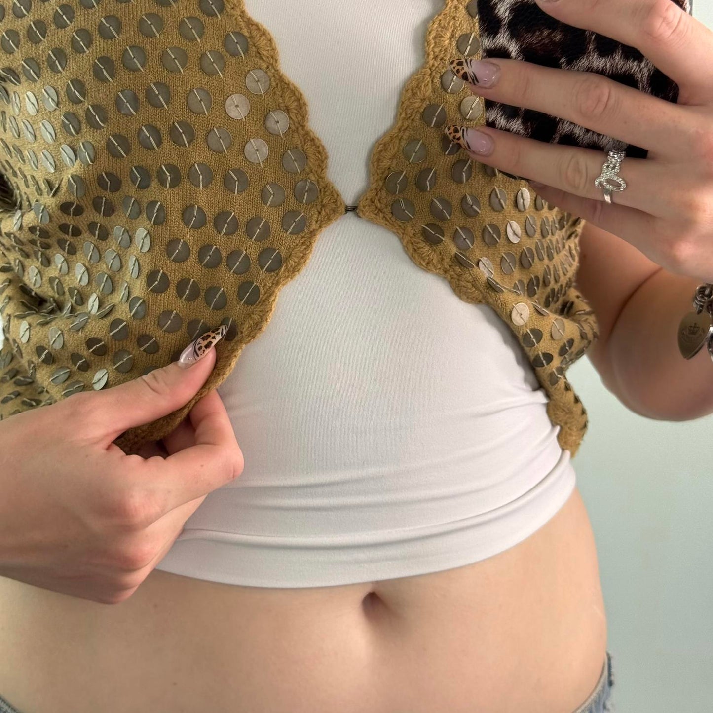 Y2K vintage cropped cardigan metal disc embellished short sleeve knitted beige