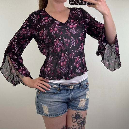 Y2K vintage sheer floral pattern flare sleeve top v neck purple black blouse