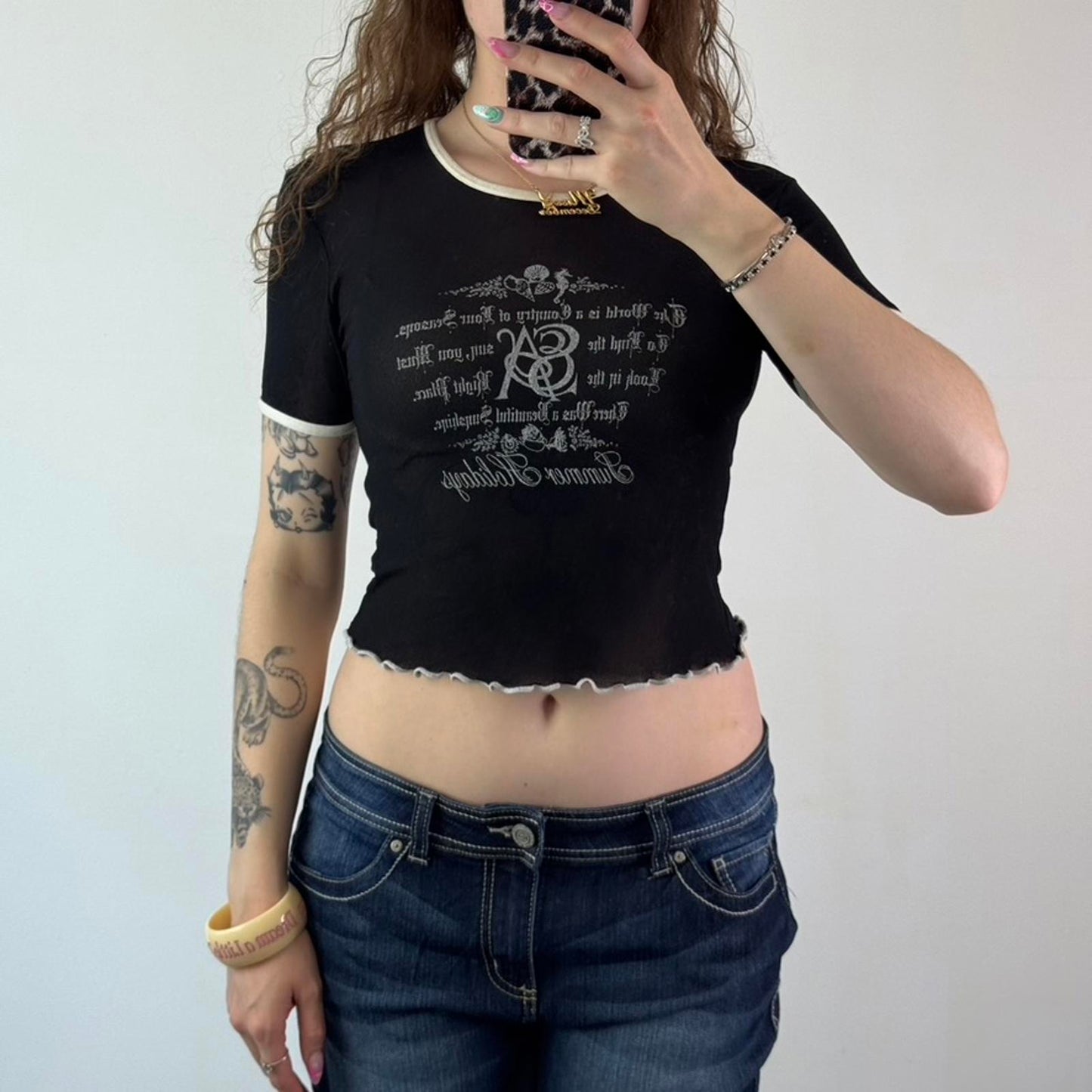 90s Y2K vintage mesh short sleeve crop top graphic print lettuce hem ringer text