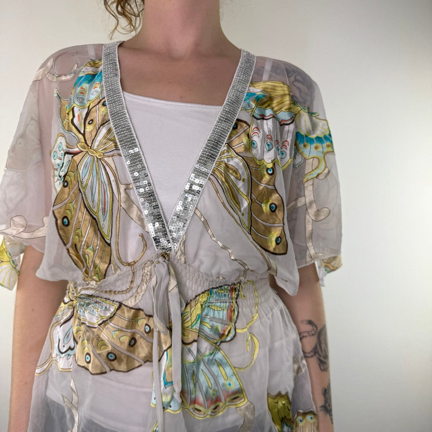 Y2K vintage silk butterfly sheer floaty top blouse