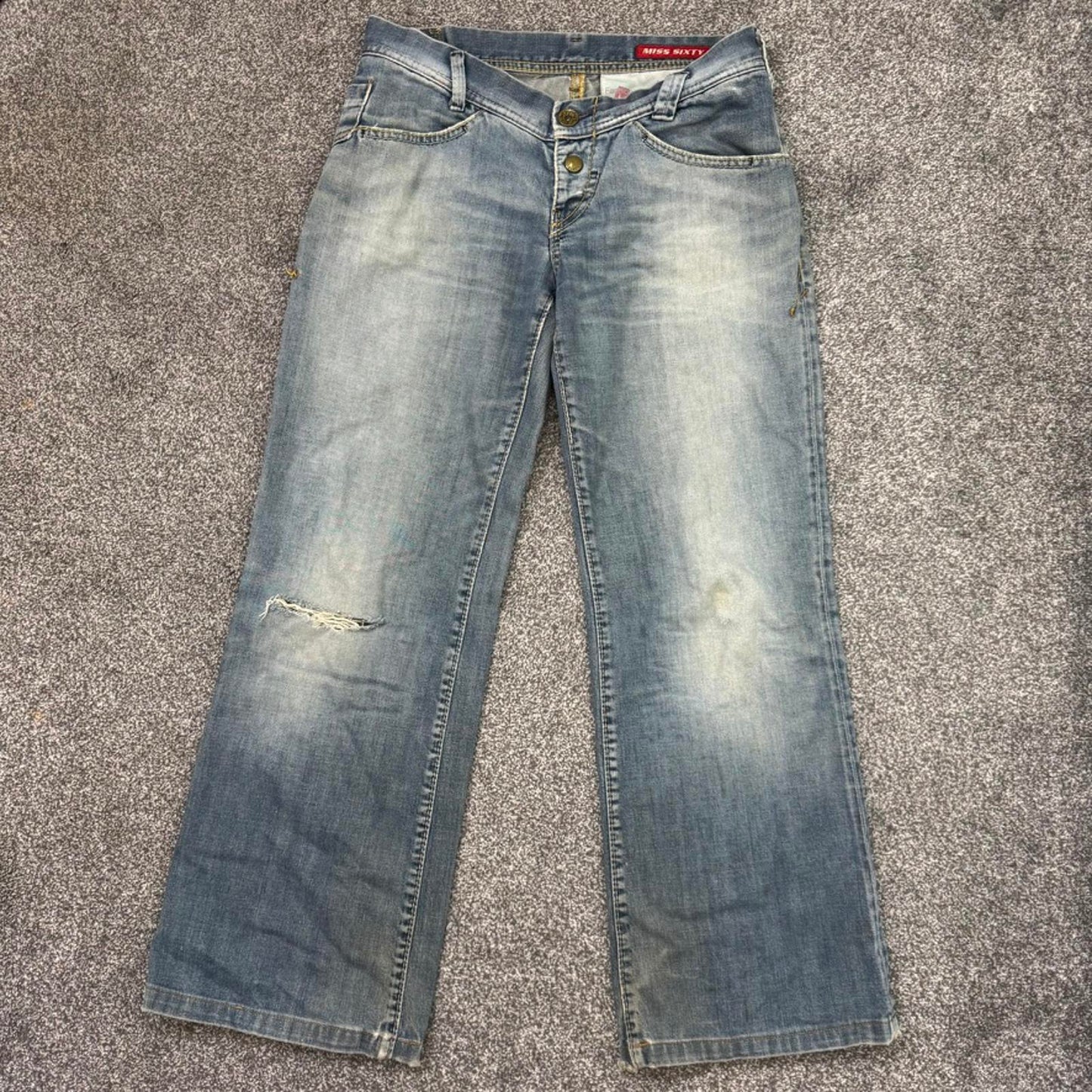 Y2K vintage Miss Sixty low rise jeans wide flare leg baggy distressed dirty wash