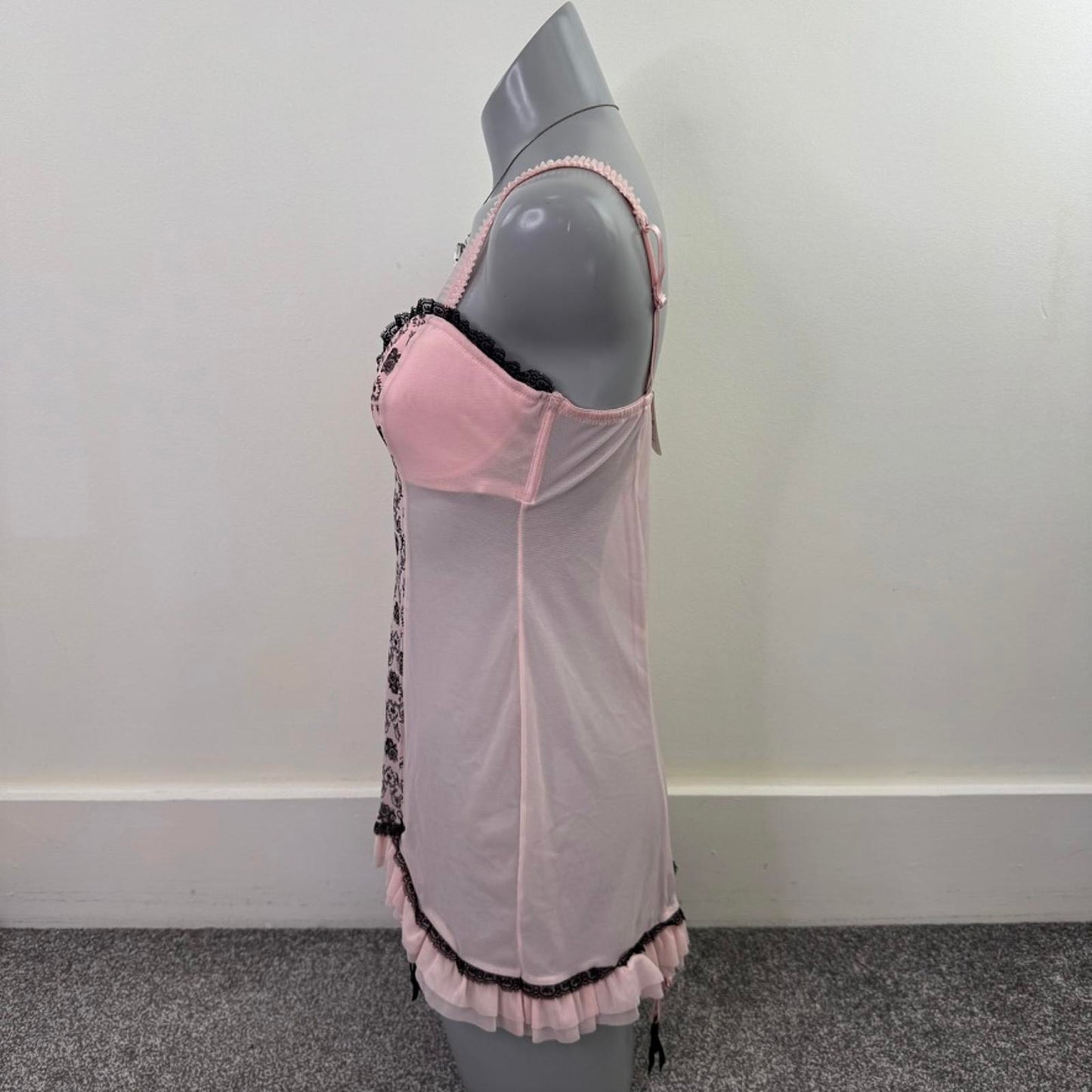 Y2K vintage Ann Summers mesh babydoll filigree baby pink black with suspenders