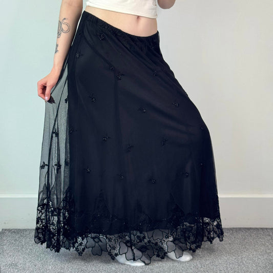 Y2K vintage mesh overlay floral maxi skirt floral embroidered hem stretchy waist