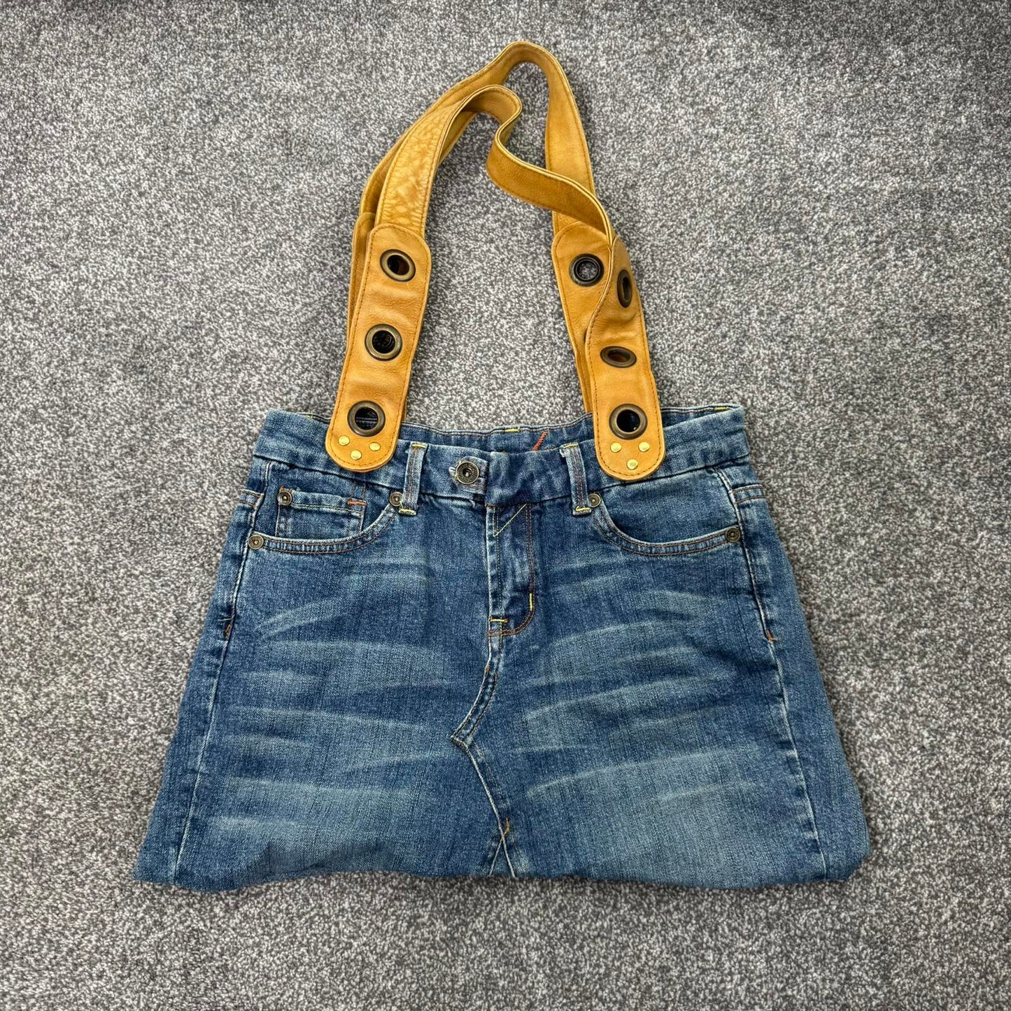 Y2K vintage large reworked denim shoulder bag leather straps grommet blue brown
