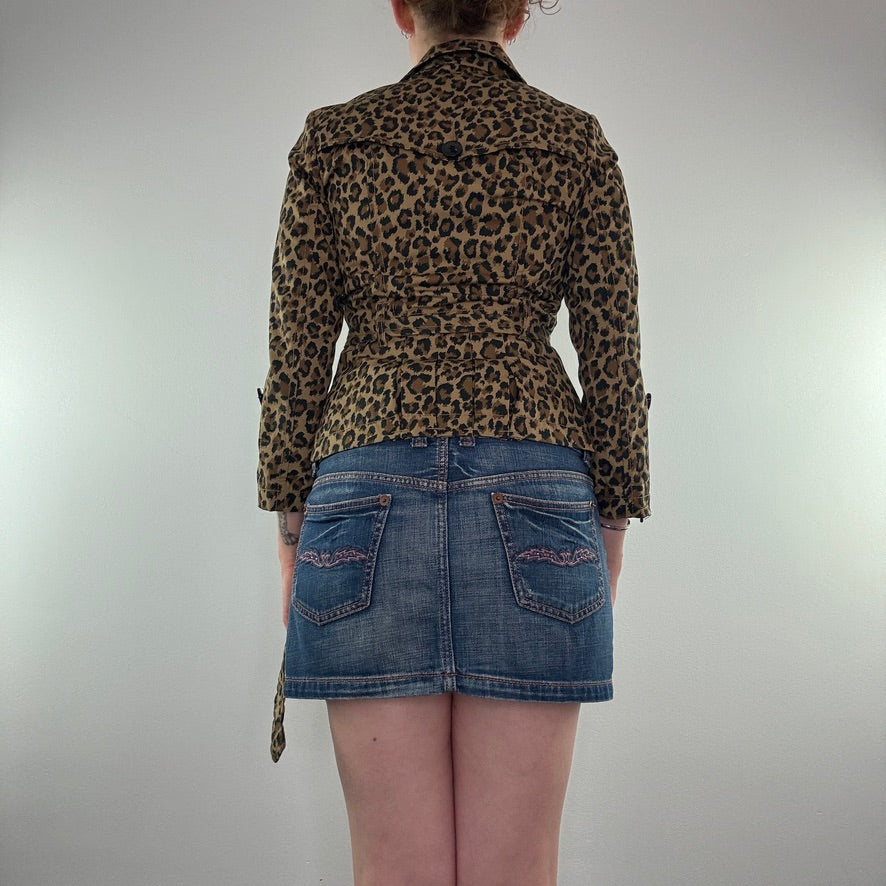 Leopard print button up belt short trench coat jacket