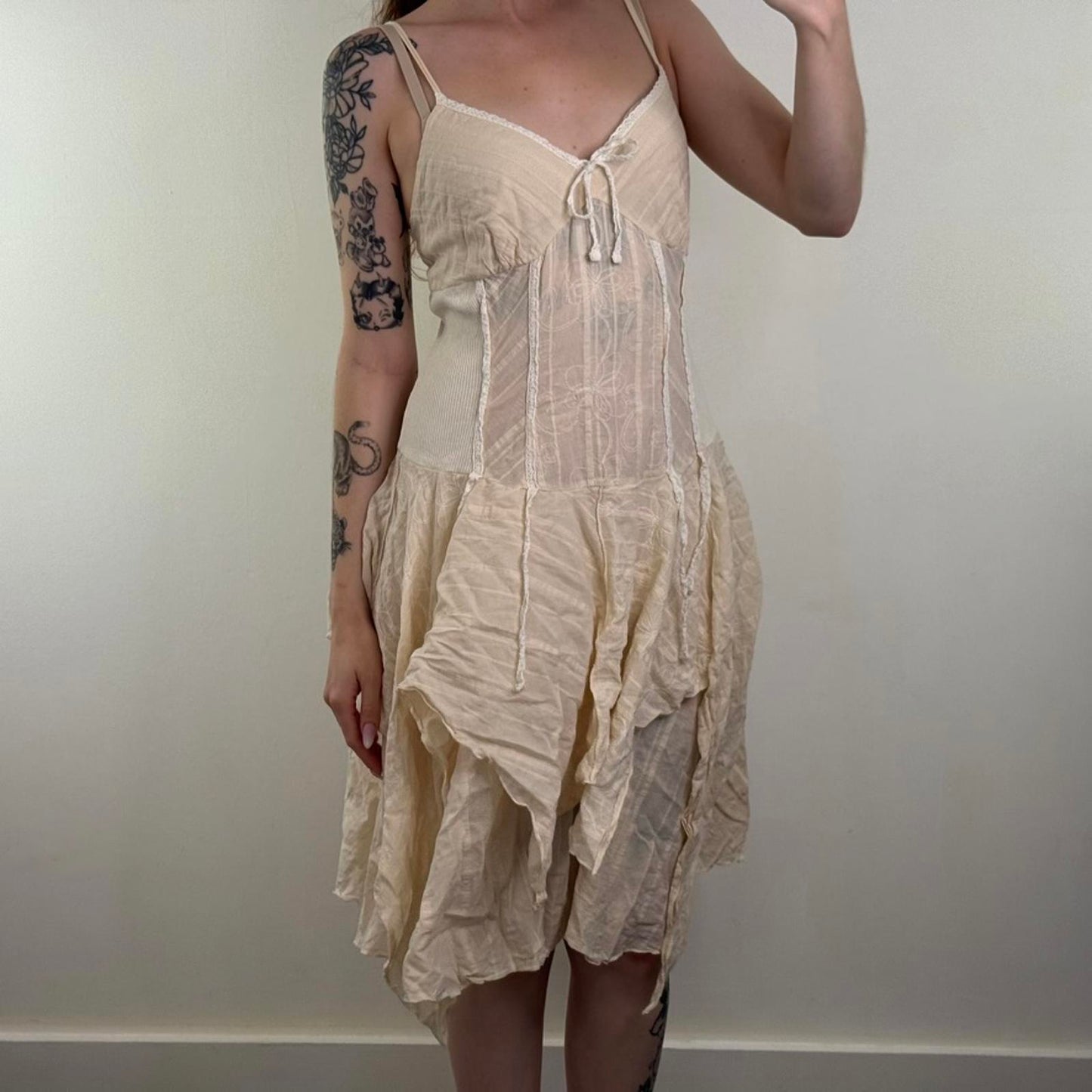 Y2K vintage a line midi dress ruffle fairy boho stripe floral embroidered bow